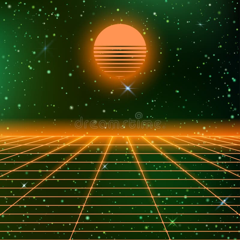 Dark abstract background made in 80s style. Abstract vintage background with neon grids and starry sky and moon or sun in vintage style. Vector illustration for your graphic design. 80s background vectors