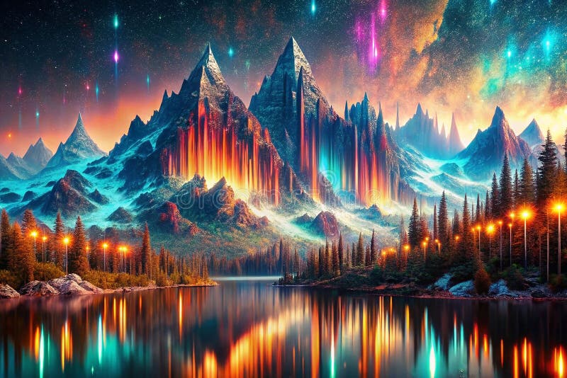 Cosmic mountain range reflecting in lake at night royalty free illustration