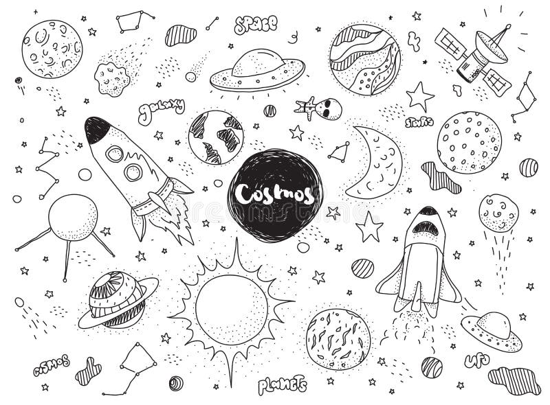 Cosmic objects set. Hand drawn vector doodles. Rockets, planets, constellations, ufo, stars, etc. Space theme.