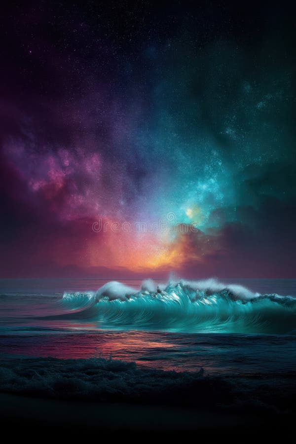 Cosmic Ocean Waves: A Nighttime Seascape of Dreams vector illustration