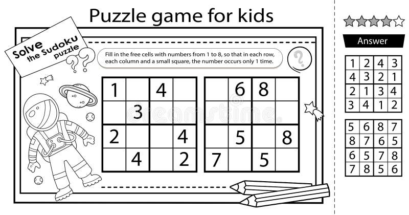 Cosmic sudoku puzzle. Logic puzzle for kids. Education game for children. Astronaut in space. Coloring Page. Worksheet vector