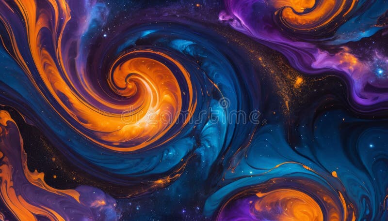 Cosmic swirls of vibrant orange and blue paint create a mesmerizing nebula-like abstract artwork vector illustration