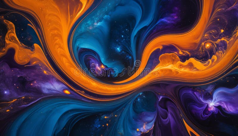 Cosmic swirls of vibrant orange and blue paint create a mesmerizing nebula-like abstract artwork royalty free illustration
