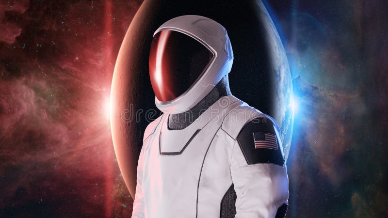 Cosmonaut exploring outer space on Mars and Earth background. Elements of this image furnished by NASA royalty free stock photography