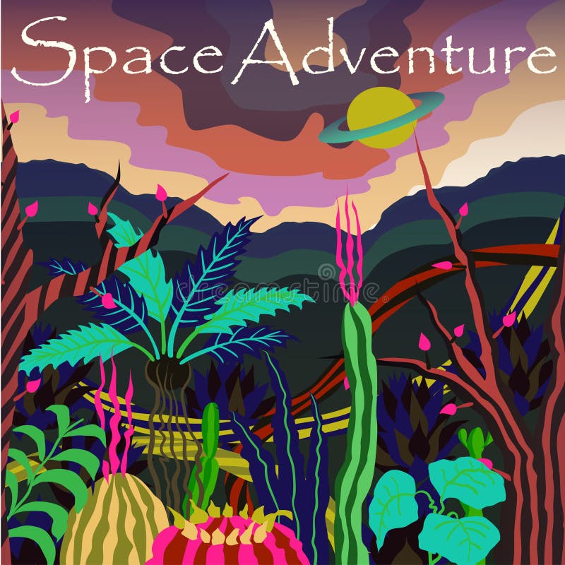 Cosmos banner with fantastic planet and slogan `Space Adventure`. Vector illustration. Retro futurism. stock illustration Cosmos banner with fantastic planet and slogan `Space Adventure`. Vector illustration. Retro futurism. stock illustration
