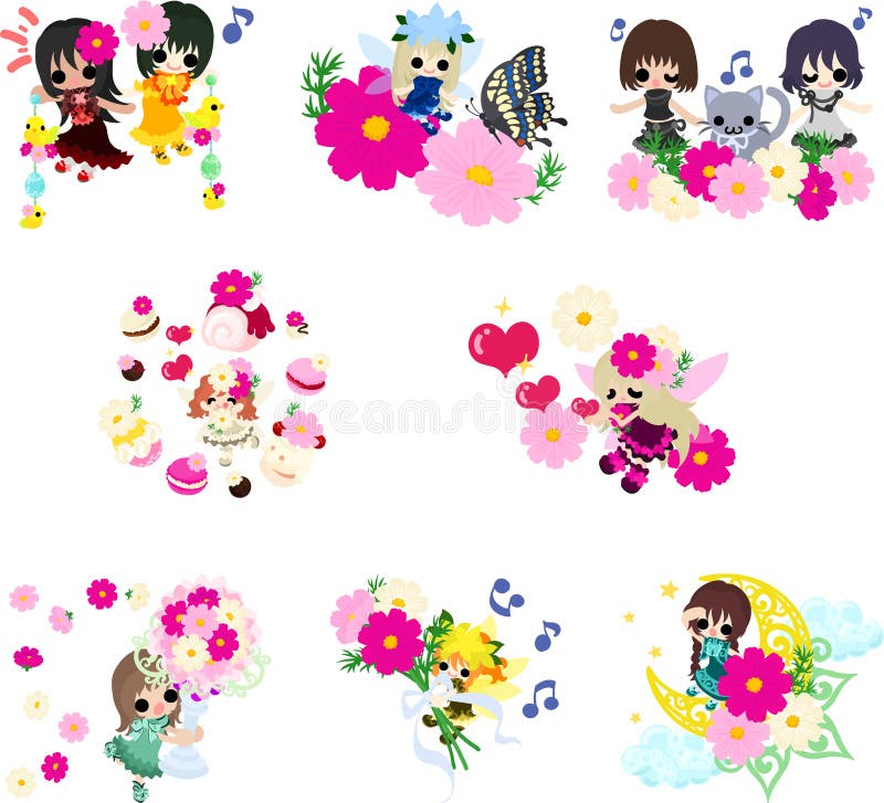 Illustration of cute cosmos and fairies and girls royalty free illustration