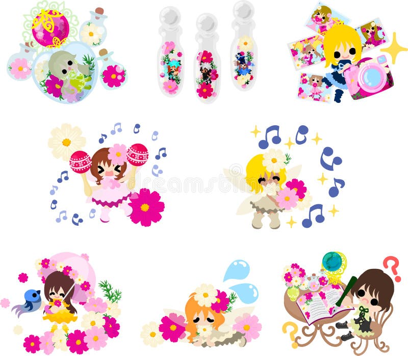 Illustration of cute cosmos and fairies and girls stock illustration
