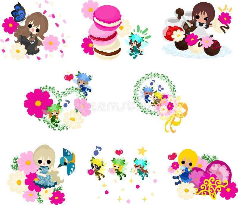Illustration of cute cosmos and fairies and girls vector illustration