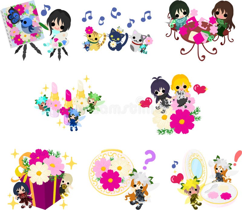 Illustration of cute cosmos and fairies and girls vector illustration
