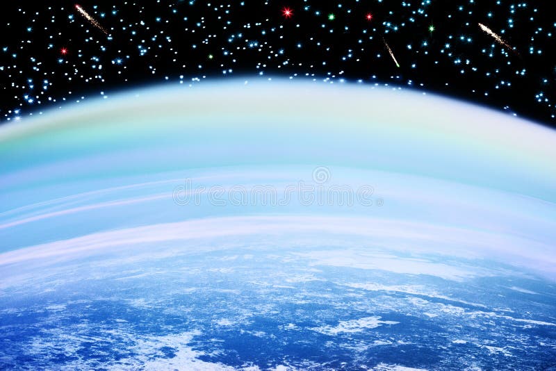 Cosmos liggande blå planetyta mörksvart himmelsvit glandiga stjärnor som flyger kommer jordens galaxiska kosmisk vy yttre rymden royaltyfria bilder