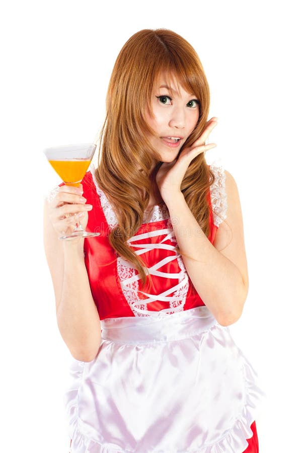 Cosplay of Maid Drink Orange Juice Glass on White Backgound. Stock ...