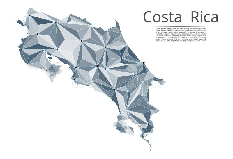 Costa Rica communication network map. Vector low poly image of a global map with lights in the form of cities in vector illustration Costa Rica communication network map. Vector low poly image of a global map with lights in the form of cities in vector illustration