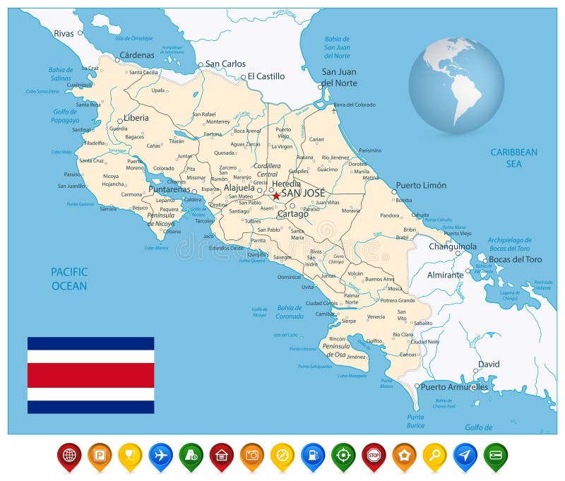 Costa Rica Map e marcadores coloridos do mapa