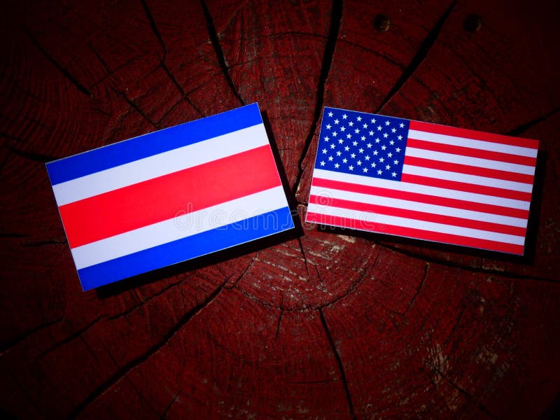 Costa Rican Flag with USA Flag on a Tree Stump Stock Photo Image of
