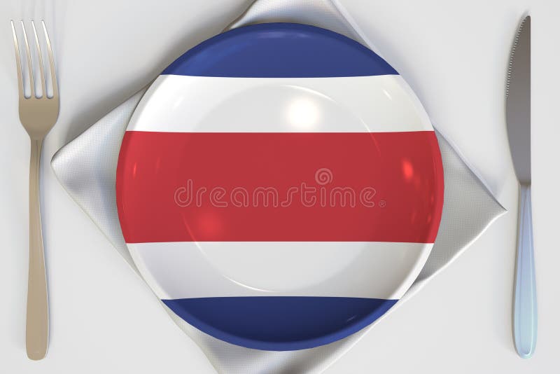 Costa Ricas flagga på plattans begreppsmässiga 3d-rendering. Plattor med flagga på bordet