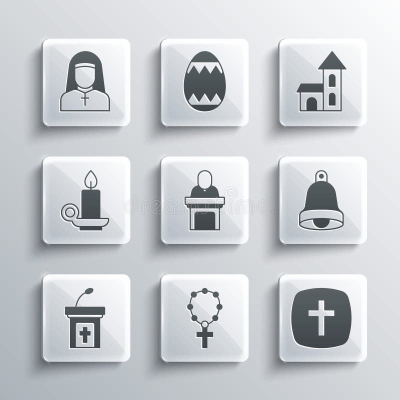 Set Rosary beads religion Christian cross Church bell pastor preaching sermon tribune Burning candle candlestick Nun and building icon. Vector. Set Rosary beads religion Christian cross Church bell pastor preaching sermon tribune Burning candle candlestick Nun and building icon. Vector.