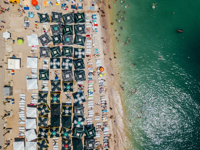 Aerial View from Flying Drone of People Crowd Relaxing on Costinesti ...