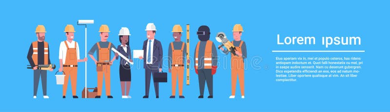 Costructions-Arbeitskraft-Team Industrial Technicians Mix Race-Mann-und -frauen-Erbauer-Gruppen-horizontale Fahne vektor abbildung Costructions-Arbeitskraft-Team Industrial Technicians Mix Race-Mann-und -frauen-Erbauer-Gruppen-horizontale Fahne vektor abbildung