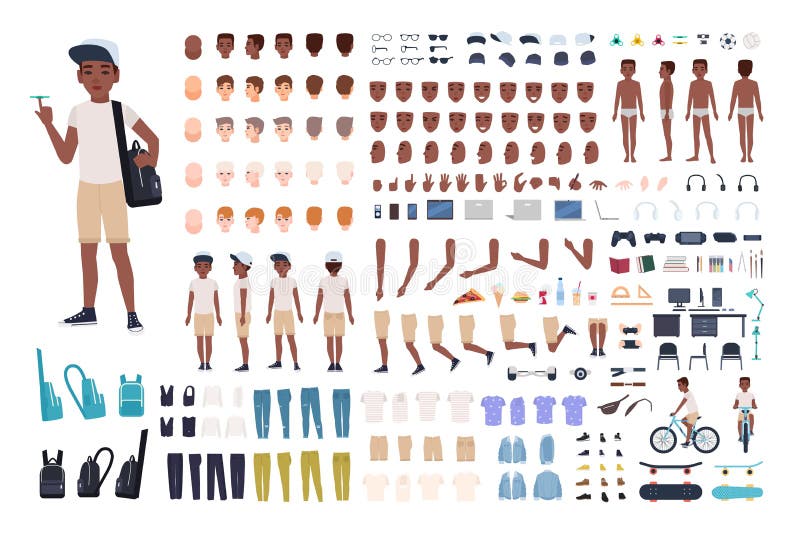 Costruttore afroamericano del ragazzo o corredo di DIY Raccolta del bambino o delle parti del corpo teenager, espressioni faccial illustrazione vettoriale Costruttore afroamericano del ragazzo o corredo di DIY Raccolta del bambino o delle parti del corpo teenager, espressioni faccial illustrazione vettoriale
