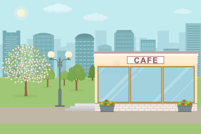 Costruzione del caffè sul fondo della città illustrazione di stock Costruzione del caffè sul fondo della città illustrazione di stock