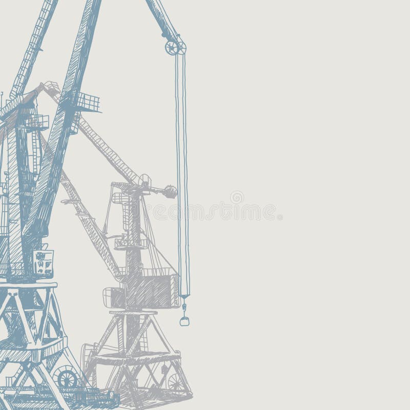 Costruzione della torre della costruzione del macchinario della gru del porto Illustrazione disegnata a mano di schizzo Siluetta illustrazione vettoriale