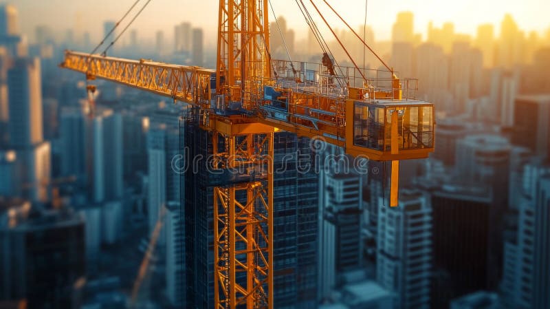 Costruzione Di Gru Su Skyline Della Città Al Tramonto illustrazione di stock