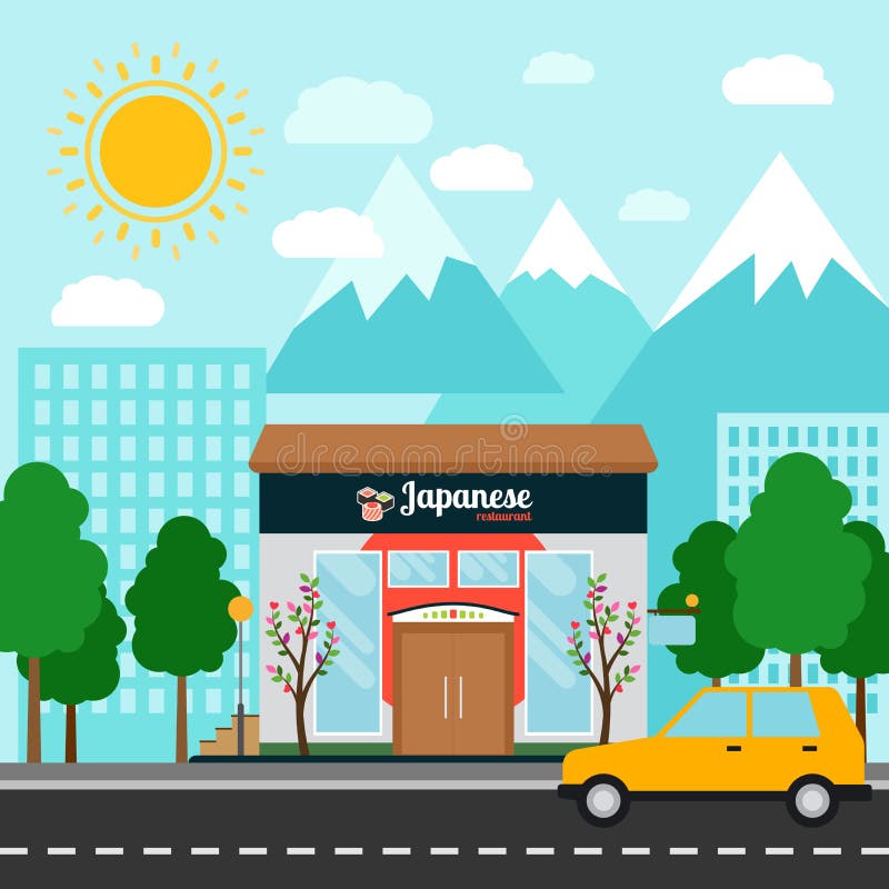 Costruzione e paesaggio del ristorante giapponese royalty illustrazione gratis Costruzione e paesaggio del ristorante giapponese royalty illustrazione gratis