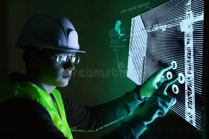 Costruzione futuristica del monitoraggio della gestione di nuove tecnologie dell'ingegnere immagini stock libere da diritti Costruzione futuristica del monitoraggio della gestione di nuove tecnologie dell'ingegnere immagini stock libere da diritti