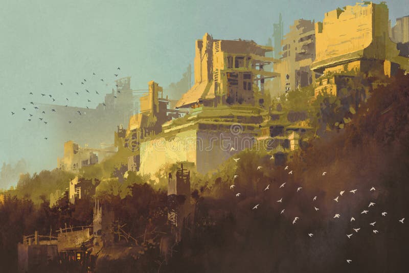 Costruzioni abbandonate in città futuristica al tramonto illustrazione di stock