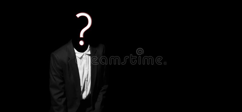 Standing female business suit with a white shirt, no head with a question mark drawn on a black isolated background.The concept of confusion, loss of self, doubt. Banner, copy space. Standing female business suit with a white shirt, no head with a question mark drawn on a black isolated background.The concept of confusion, loss of self, doubt. Banner, copy space