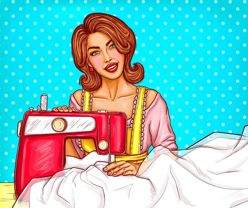 Costureira da costureira da mulher do pop art ou ilustração do esboço do esgoto na máquina de costura ilustração stock Costureira da costureira da mulher do pop art ou ilustração do esboço do esgoto na máquina de costura ilustração stock