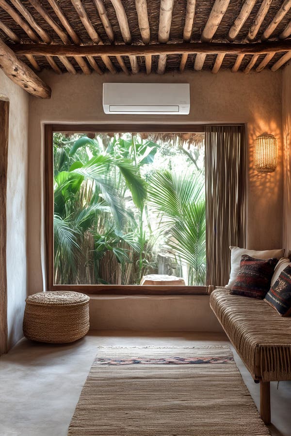 Cosy salon rustique avec éléments en bois naturel et vue verdoyante par une grande fenêtre illustration libre de droits
