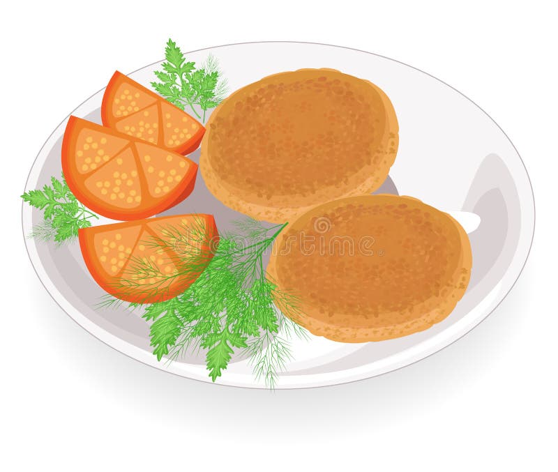 Cotolette fritte su un piatto Guarnisca il pomodoro, l'aneto ed il prezzemolo Alimento delizioso, fresco e nutriente Illustrazion illustrazione vettoriale Cotolette fritte su un piatto Guarnisca il pomodoro, l'aneto ed il prezzemolo Alimento delizioso, fresco e nutriente Illustrazion illustrazione vettoriale
