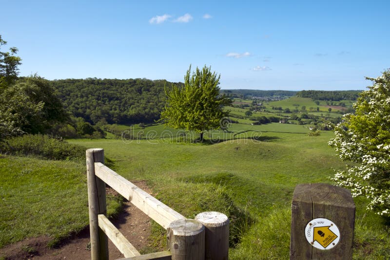 Cotswold Way long distance footpath passes the toposcope on Coaley Peak