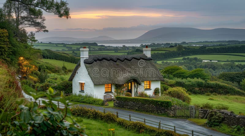 Cottage bianco con tetto coperto su una strada tortuosa al tramonto fotografia stock libera da diritti
