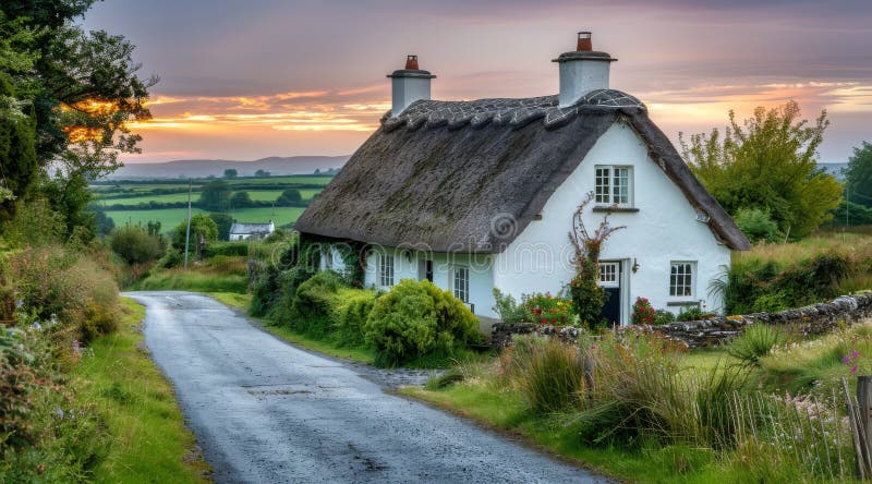 Cottage bianco con tetto coperto su una strada tortuosa al tramonto immagine stock libera da diritti