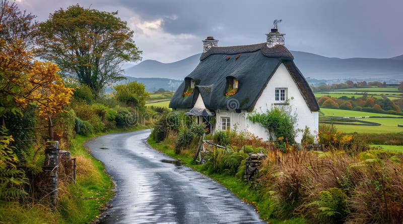 Cottage bianco con tetto coperto su una strada tortuosa al tramonto immagine stock libera da diritti