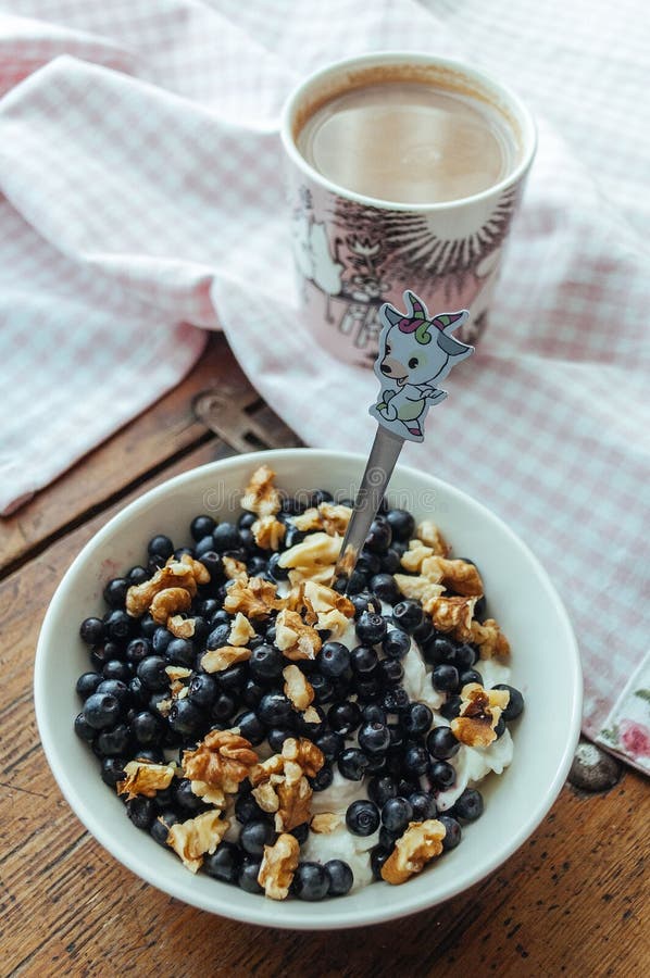 Cottage Cheese with Blueberries, Nuts and Honey Stock Image Image of