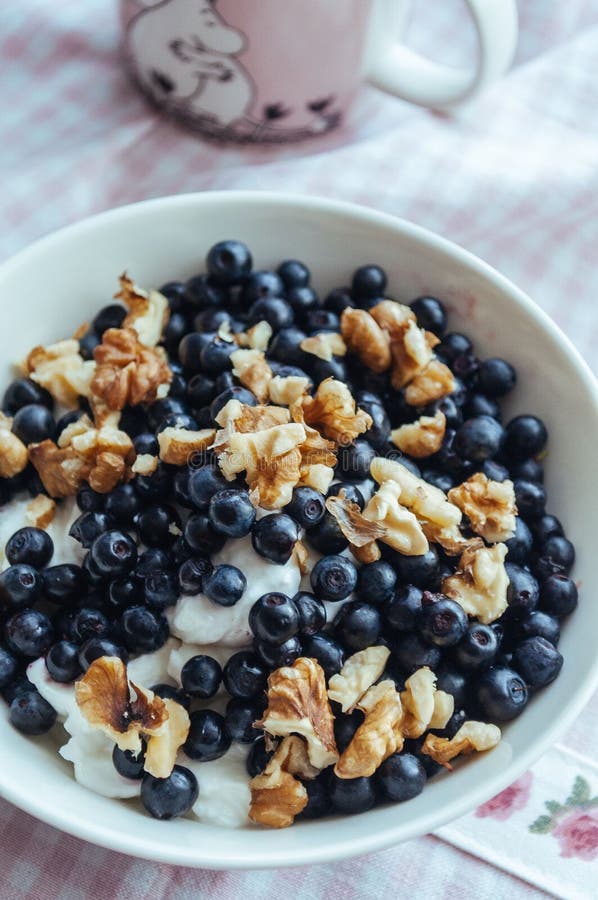 Cottage Cheese with Blueberries, Nuts and Honey Stock Image Image of