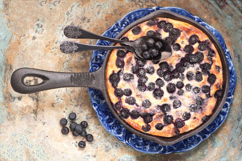 Cottage cheese casserole Cheesecake with blueberries in pan. top view