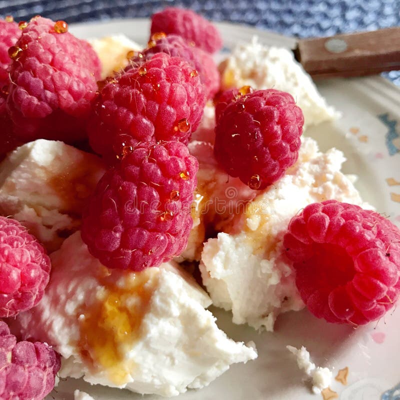 Cottage Cheese with Fresh Raspberries and Honey on a Plate Stock Image