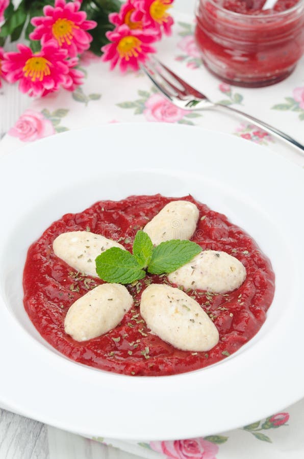 Cottage Cheese Gnocchi with Strawberry Sauce Vertical Stock Photo