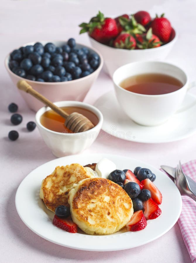 Cottage Cheese Pancakes with Honey and Berries. Stock Image Image of