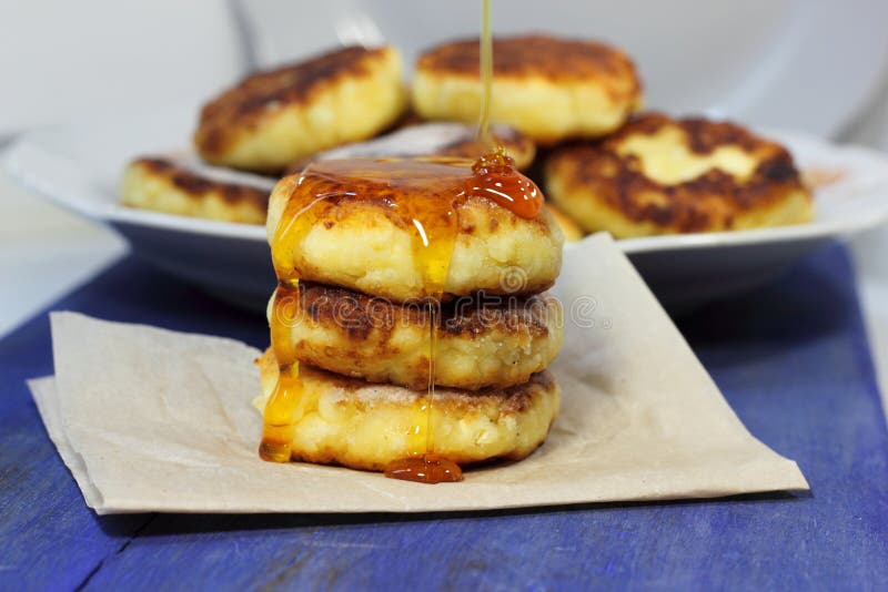 Cottage Cheese Pancakes with Honey Stock Photo Image of flowers