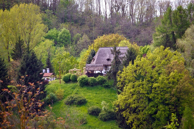 Cottage del tetto della paglia nella natura fotografia stock Cottage del tetto della paglia nella natura fotografia stock