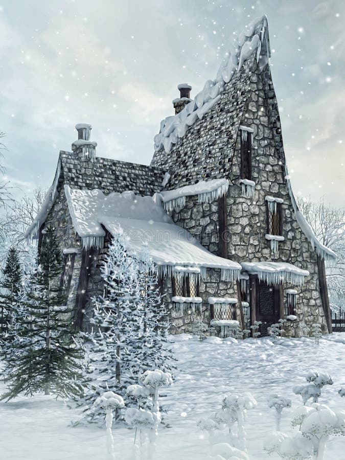 Cottage di fantasia ricoperto di neve