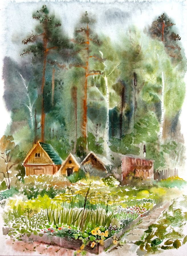 A watercolor illustration of cottages in forest. . A watercolor illustration of cottages in forest.