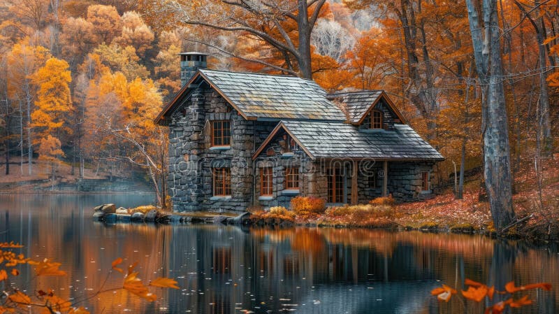 Serene lakeside stone cottage, a quiet retreat amidst autumn foliage for reflection. Private retreats. AI generated. Serene lakeside stone cottage, a quiet retreat amidst autumn foliage for reflection. Private retreats. AI generated