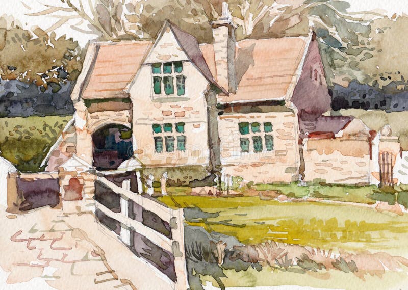 Cottage house watercolor painting at country side