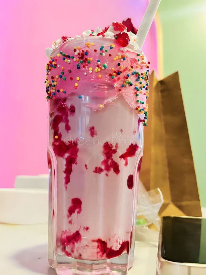 Cotton Candy Shake with Some Cherry Toppings Stock Photo Image of